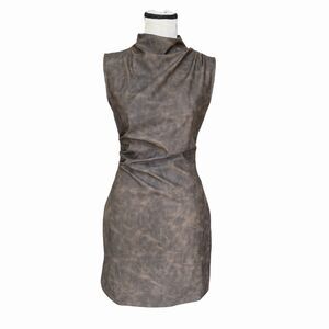 Faux Leather Bodycon Mini Dress Brown Ruched High Neck Rodeo Festival Boho XS